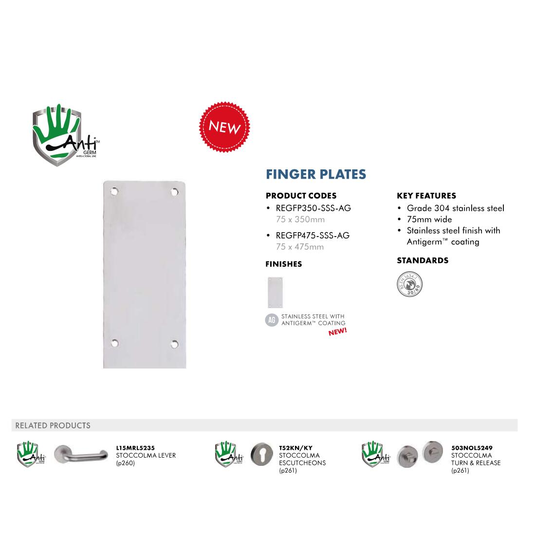 Fingerplate 475mm x 75mm Sat.St.Steel - Anti Germ