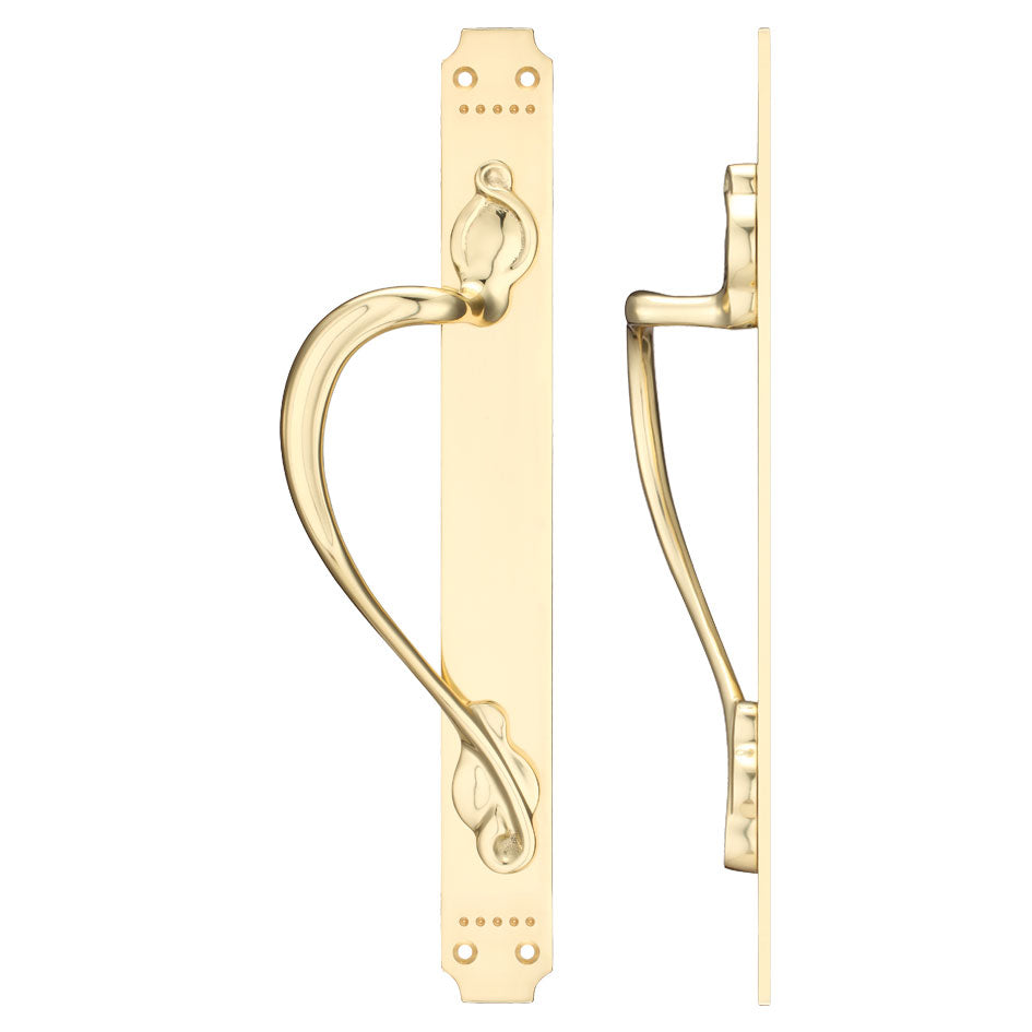 Cast Brass Pull Handle with Art Nouveau Backplate - Left Handed - 377 x 42mm