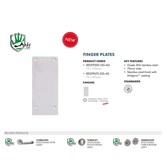 Fingerplate 475mm x 75mm Sat.St.Steel - Anti Germ